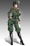  1girl absurdres anima_(togashi) blue_eyes boots breasts commission full_body gradient gradient_background hat high_heels highres large_breasts latex latex_boots mature_female medal military military_hat military_uniform necktie original shadow short_hair simple_background solo standing uniform 