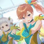  2girls arashi_chisato asymmetrical_gloves bangs blunt_bangs blush choker closed_mouth commentary_request dancing flying_sweatdrops gloves green_choker green_gloves highres idol looking_at_viewer love_live! love_live!_superstar!! multiple_girls netsuka open_mouth orange_hair purple_eyes red_eyes shibuya_kanon side_ponytail smile swept_bangs tokonatsu_sunshine upper_body white_hair yellow_gloves 