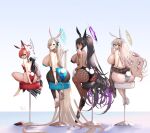  4girls absurdly_long_hair absurdres ahoge akane_(blue_archive) animal_ears ass asuna_(blue_archive) bare_shoulders black_hair black_legwear black_leotard blonde_hair blue_archive blue_eyes blue_leotard breasts brown_eyes chair commentary dark-skinned_female dark_skin elbow_gloves fake_animal_ears fake_tail fishnet_legwear fishnets flat_chest from_behind full_body glasses gloves gradient gradient_background hachimitsu_hinako hair_ornament hair_over_one_eye halo highleg highleg_leotard highres holding jacket jacket_on_shoulders karin_(blue_archive) large_breasts leotard light_brown_hair long_hair looking_at_viewer looking_back mole mole_under_eye multiple_girls neru_(blue_archive) number_tattoo pantyhose parted_lips playboy_bunny ponytail rabbit_ears rabbit_tail red_hair red_leotard short_hair signature sitting smile stool strapless strapless_leotard symbol-only_commentary tail tattoo tied_hair very_long_hair white_gloves 
