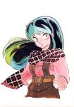  1980s_(style) 1girl absurdres blush cropped_legs green_hair hands_in_pockets highres horns long_hair long_sleeves lum official_art oni oni_horns painting_(medium) pink_sweater plaid plaid_scarf retro_artstyle scarf simple_background solo sweater takahashi_rumiko traditional_media urusei_yatsura watercolor_(medium) white_background yellow_eyes 
