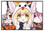  3girls animal_ear_fluff animal_ears arknights bandage_over_one_eye bangs black_border black_gloves blank_speech_bubble blush border chestnut_mouth closed_mouth commentary ears_through_headwear eyebrows_visible_through_hair eyepatch fox_ears ghost_costume gloves green_eyes grey_hair hair_between_eyes hair_over_one_eye halloween halloween_bucket hands_up hood hood_up kitara_koichi looking_at_viewer multicolored_hair multiple_girls open_mouth popukar_(arknights) purple_eyes red_eyes red_hair shamare_(arknights) single_glove speech_bubble stuffed_animal stuffed_dog stuffed_toy suzuran_(arknights) two-tone_hair unfinished upper_body white_hair 