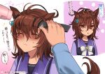  1girl 1other agnes_tachyon_(umamusume) ahoge animal_ears bangs blush brown_hair brushing_another&#039;s_hair closed_eyes closed_mouth commentary_request earrings hair_brush hair_dryer horse_ears jewelry medium_hair messy_hair multiple_views nazuka_(mikkamisaki) out_of_frame purple_shirt red_eyes sailor_collar school_uniform shirt single_earring speech_bubble sweatdrop tracen_school_uniform translated umamusume 