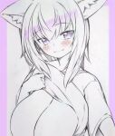  1girl :3 animal_ear_fluff animal_ears blush border breasts cat_ears closed_mouth clothes_lift commentary_request eyebrows_visible_through_hair hand_up hatching_(texture) highres hololive large_breasts lifted_by_self linear_hatching looking_at_viewer medium_hair mixed_media nekomata_okayu out-of-frame_censoring outside_border purple_border purple_eyes purple_hair shirt shirt_lift short_sleeves smile solo spot_color t-shirt traditional_media tsukareta_san upper_body virtual_youtuber 