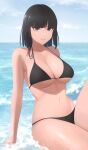  1girl bangs beach bikini black_bikini black_hair blunt_bangs breasts commentary_request fubuki_(one-punch_man) green_eyes highres large_breasts looking_at_viewer navel one-punch_man parted_lips senju_(snz0) short_hair sitting smile solo strap_gap swimsuit water wet 