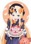  1girl abigail_williams_(fate) absurdres bangs black_bow black_dress black_headwear blonde_hair blue_eyes blush bow breasts bug butterfly cake commentary_request dress fate/grand_order fate_(series) food forehead hair_bow happy_birthday hat highres keyhole liuleiwowotou long_hair long_sleeves looking_at_viewer multiple_bows multiple_hair_bows open_mouth orange_bow parted_bangs polka_dot polka_dot_bow ribbed_dress sleeves_past_wrists small_breasts smile stuffed_animal stuffed_toy teddy_bear 