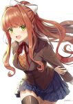  1girl :d arm_at_side arm_behind_back artist_name bangs black_legwear blush breasts brown_hair brown_legwear brown_vest collared_shirt commentary doki_doki_literature_club dress_shirt eyebrows_visible_through_hair green_eyes happy highres jacket large_breasts leaning_forward long_hair looking_at_viewer monika_(doki_doki_literature_club) neck_ribbon open_mouth pleated_skirt ponytail red_ribbon ribbon shirt skirt smile solo thighhighs tyone vest white_shirt 