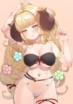  1girl ahoge anila_(granblue_fantasy) arm_up armpits ass_visible_through_thighs bangs bikini blonde_hair blunt_bangs blush breasts cleavage collarbone draph eyebrows_visible_through_hair granblue_fantasy hair_ornament highres horns large_breasts lips long_hair looking_at_viewer navel parted_lips ribbon scarlettear33 sheep_horns short_eyebrows skindentation solo swimsuit thick_eyebrows thigh_ribbon very_long_hair yellow_eyes yellow_nails 