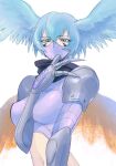  1girl arm_between_breasts bangs between_breasts bikini black_scarf blue_eyes blue_hair breasts claws commentary digimon digimon_(creature) eyebrows_visible_through_hair facial_mark feathered_wings garter_straps hair_between_eyes hair_wings hand_up highres long_hair looking_at_viewer mask medium_breasts midriff mouth_mask navel purple_bikini ramune_b scarf shoulder_pads shutumon sidelocks simple_background solo swimsuit upper_body white_background wings 
