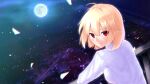  1girl absurdres arcueid_brunestud bangs blonde_hair clamch_owder closed_mouth commentary_request day eyebrows_visible_through_hair hair_between_eyes highres long_sleeves looking_at_viewer outdoors red_eyes rooftop scenery shiny shiny_hair shirt short_hair smile solo tsukihime upper_body white_shirt 
