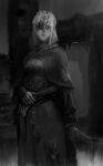  1girl armor blindfold breasts capelet cloak closed_mouth commentary covered_eyes dark_souls_(series) dark_souls_iii dress english_commentary fire_keeper greyscale highres hiko_(hiko224556) jewelry long_hair mask medium_breasts monochrome necklace solo upper_body 