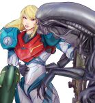  1girl alien alien_(movie) arm_cannon armor bangs blonde_hair blue_eyes glowing gun highres long_hair looking_at_viewer metroid metroid_dread mole mole_under_mouth monster ponytail power_armor power_suit samus_aran science_fiction sidelocks simple_background stormyorha upper_body weapon xenomorph 