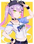  1girl artist_logo bangs baseball_cap black_headwear border choker clothes_writing collarbone commentary crop_top ear_piercing fake_horns green_eyes hair_ornament hairclip hand_on_hip hand_up hat highres hokkaido_nippon-ham_fighters hololive horned_headwear horns long_hair looking_at_viewer midriff navel o-ring o-ring_choker outside_border piercing purple_hair shirt short_sleeves sidelocks simple_background smile solo split_mouth suparaisu tokoyami_towa twintails upper_body v virtual_youtuber white_border white_shirt wristband yellow_background 