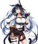  1girl :d absurdres animal_ear_fluff animal_ears apt aqua_eyes arknights bangs belt_buckle belt_pouch black_gloves black_hair black_skirt blaze_(arknights) blue_hair breasts buckle cat_ears cat_girl cat_tail cleavage collarbone commentary_request contrapposto cowboy_shot eyebrows_visible_through_hair gloves gradient_hair hairband hand_on_hip highres jacket large_breasts long_hair long_sleeves looking_at_viewer miniskirt multicolored_hair open_clothes open_jacket open_mouth pouch red_hairband see-through shirt simple_background single_thighhigh skirt smile solo tail thigh_strap thighhighs underbust very_long_hair white_background white_jacket white_legwear white_shirt 