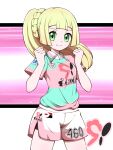  1girl absurdres blonde_hair clenched_hands closed_mouth collared_shirt commentary_request cowboy_shot eyelashes green_eyes hands_up highres lillie_(pokemon) long_hair looking_at_viewer pink_shirt pokemon pokemon_(game) pokemon_sm pokemon_swsh ponytail shabana_may shirt shorts side_slit side_slit_shorts smile solo 