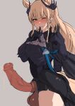  1girl animal_ears animal_penis arknights armor ascot bangs blemishine_(arknights) blemishine_(moon_catastrborn)_(arknights) blonde_hair blunt_bangs blush cowboy_shot erection eyebrows_visible_through_hair futanari grey_background horse_ears horse_girl horse_penis long_hair looking_at_viewer masso_nullbuilt official_alternate_costume one_eye_closed penis ponytail sidelocks simple_background solo testicles uncensored 