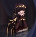  1girl bangs bent_over black_bodysuit black_cape black_eyes black_hair blunt_bangs bodysuit book bridal_gauntlets cape closed_mouth commentary diadem fire_emblem fire_emblem_awakening head_rest highres indoors long_hair long_sleeves lynarc smile solo tharja_(fire_emblem) twintails twitter_username 