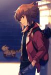  1boy against_wall bishounen black_shirt blurry blurry_background brown_eyes brown_hair closed_mouth dated duel_academy_uniform_(yu-gi-oh!_gx) grey_pants hand_in_pocket jacket long_hair long_sleeves looking_at_viewer male_focus mikami_(mkm0v0) multicolored_hair open_clothes open_jacket pants pharaoh_(cat) profile red_jacket shirt smile solo standing turtleneck two-tone_hair yu-gi-oh! yu-gi-oh!_gx yuuki_juudai 