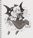  1girl :d bangs bat_wings bow bowtie elis_(touhou) eyebrows_visible_through_hair frilled_skirt frills full_body greyscale hair_bow highres holding holding_wand juliet_sleeves kuroshirase long_sleeves looking_at_viewer monochrome one-hour_drawing_challenge open_mouth pointy_ears puffy_sleeves shoes skirt smile socks solo star_(symbol) star_tattoo star_wand tattoo touhou touhou_(pc-98) twitter_username vest wand wings 