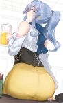 2girls alcohol alternate_costume ass bare_shoulders beer beer_mug black_footwear black_scrunchie blue_eyes blue_hair blush boots breasts corset cup desk detached_sleeves dress eyebrows_visible_through_hair fairy_(kancolle) from_behind full_body gotland_(kancolle) hair_between_eyes holding holding_cup kantai_collection large_breasts long_hair long_skirt looking_at_viewer looking_back minigirl mole mole_under_eye mug multiple_girls official_alternate_costume on_desk open_mouth ponytail scrunchie shirt sitting sitting_on_desk skirt smile solo_focus symbol-only_commentary utopia white_shirt yellow_skirt 