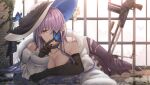  1girl bare_shoulders black_choker black_gloves breasts bug butterfly choker cleavage closed_mouth collarbone dress elbow_gloves eyebrows_visible_through_hair floor full_body girls&#039;_frontline gloves gun hair_between_eyes knife large_breasts light_machine_gun long_hair looking_at_viewer lying machine_gun on_stomach purple_dress purple_eyes purple_hair rabb_horn solo wall weapon white_headwear window zb-26_(girls&#039;_frontline) zb_26 