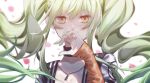  1girl bullet_necklace covering_mouth eyebrows_visible_through_hair girls&#039;_frontline green_hair green_nails hand_up highres jewelry long_hair looking_at_viewer m950a_(girls&#039;_frontline) nail_polish necklace orange_eyes rabb_horn ring solo_focus twintails upper_body wedding_ring 