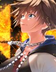  1boy blue_eyes brown_hair fingerless_gloves gloves highres hokka_tm hood jewelry kingdom_hearts kingdom_hearts_i male_focus necklace short_hair smile solo sora_(kingdom_hearts) spiked_hair super_smash_bros. 