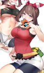  1girl bangs barefoot bike_shorts blue_eyes breasts brown_hair cleavage commentary duplicate eyebrows_visible_through_hair hairband heart highres holding holding_pokemon large_breasts looking_at_viewer marushin_(denwa0214) may_(pokemon) multiple_views navel open_mouth pixel-perfect_duplicate pokemon pokemon_(creature) pokemon_(game) pokemon_oras red_hairband red_shirt rotom rotom_(wash) rotom_phone shirt short_hair shorts simple_background sleeveless sleeveless_shirt smile spoken_heart stomach thighs toes underboob white_background white_shorts 