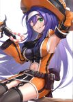  1girl ;d alternate_costume armpits black_gloves breasts broom broom_riding clothing_cutout detached_sleeves fingerless_gloves fire_emblem fire_emblem:_path_of_radiance fire_emblem_heroes garter_straps gloves gonzarez green_eyes grin hair_between_eyes halloween halloween_costume hat highres long_hair looking_at_viewer medium_breasts mia_(fire_emblem) midriff_peek navel navel_cutout official_alternate_costume one_eye_closed open_mouth purple_hair sideboob simple_background smile solo sword thighhighs very_long_hair weapon white_background witch witch_hat 