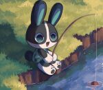  1girl :d animal_crossing blue_eyes bunny dotty_(animal_crossing) fishing fishing_rod fouinar grass highres open_mouth outdoors shadow sitting smile solo water 
