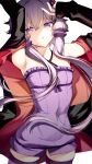  1girl :o armpits arms_up bangs bare_shoulders cluseller commentary cowboy_shot flat_chest hair_ornament highres long_sleeves looking_at_viewer off_shoulder parted_lips purple_eyes purple_hair purple_legwear simple_background solo thighhighs vocaloid voiceroid white_background yuzuki_yukari 