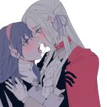  2girls after_kiss bang_gu9 bite_mark blonde_hair blue_eyes blue_gloves blue_hair blue_ribbon blush byleth_(fire_emblem) byleth_(fire_emblem)_(female) commentary_request ear_blush edelgard_von_hresvelg eye_contact eyebrows_visible_through_hair fire_emblem fire_emblem:_three_houses gloves hair_ribbon headband light_blue_eyes looking_at_another multiple_girls red_headband ribbon saliva saliva_trail tongue tongue_out white_gloves yuri 