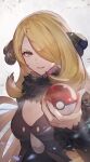  1girl absurdres blonde_hair breasts cleavage coat commentary_request cynthia_(pokemon) eyelashes fur-trimmed_coat fur_collar fur_trim hair_ornament hair_over_one_eye hand_up highres holding holding_poke_ball long_hair long_sleeves looking_at_viewer odd_(hin_yari) poke_ball poke_ball_(basic) pokemon pokemon_(game) pokemon_dppt smile solo upper_body white_background 