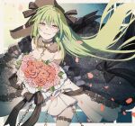  1girl black_ribbon bouquet breasts chain collar commentary_request dress eyebrows_visible_through_hair feet_out_of_frame flower girls&#039;_frontline green_hair hair_ribbon highres holding holding_bouquet holding_flower lock long_hair looking_at_viewer mk48_(girls&#039;_frontline) open_mouth petals rabb_horn red_eyes ribbon smile smirk solo standing thighhighs wedding wedding_dress white_collar white_dress white_legwear yandere 