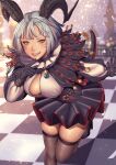  1girl avatar_(ffxiv) blurry blurry_background breasts center_opening checkered checkered_floor downblouse dress facial_mark final_fantasy final_fantasy_xiv gloves green_eyes grin hand_up highres horns kneehighs leaning_forward lips long_sleeves looking_at_viewer medium_hair miqo&#039;te multicolored_hair neck_ruff outdoors outstretched_arm outstretched_hand puffy_long_sleeves puffy_sleeves short_dress skindentation slit_pupils smile solo spread_fingers tail udongo99 veins veiny_breasts veiny_thighs whisker_markings 