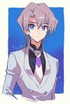  1boy bangs black_shirt blazer blue_background blue_eyes border closed_mouth edo_phoenix frown hair_between_eyes hair_intakes jacket looking_at_viewer male_focus mikami_(mkm0v0) necktie shiny shiny_hair shirt short_hair silver_hair solo white_border yu-gi-oh! yu-gi-oh!_gx 