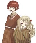  2girls :d arm_hug bangs blonde_hair blush bow brown_kimono brown_shirt brown_sweater collared_shirt commentary danganronpa_(series) danganronpa_2:_goodbye_despair dress_shirt eyebrows_visible_through_hair hair_bow happy height_difference highres japanese_clothes kimono koizumi_mahiru long_hair multiple_girls open_mouth plaid plaid_skirt red_bow red_hair renshu_usodayo saionji_hiyoko shiny shiny_hair shirt short_hair simple_background skirt sleeves_past_wrists smile striped striped_kimono sweater symbol-only_commentary white_background 