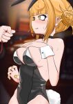  1girl 1other absurdres animal_ears bangs bare_shoulders black_collar black_leotard blonde_hair blunt_bangs blush boku_no_hero_academia breasts collar commentary double_bun eyebrows_visible_through_hair fake_animal_ears highres leash leash_pull leotard nanomitw_(jackson2444) open_mouth playboy_bunny rabbit_ears rabbit_tail solo_focus sweat tail toga_himiko white_nails yellow_eyes yellow_nails 