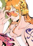  1girl adjusting_eyewear artist_name bare_shoulders breasts cleavage commentary controller english_commentary eyelashes headgear headset highres long_hair looking_at_viewer mygiorni nami_(one_piece) one_piece orange-tinted_eyewear orange_eyes orange_hair sketch solo sunglasses tattoo tinted_eyewear wavy_hair 