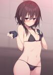  1girl akizora_momiji bangs bikini black_bikini black_gloves blush breasts cameltoe censored closed_mouth fingerless_gloves gloves gradient gradient_background groin hair_between_eyes kono_subarashii_sekai_ni_shukufuku_wo! looking_at_viewer megumin navel red_eyes small_breasts solo standing sweat swimsuit 