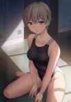  1girl barefoot black_swimsuit breasts brown_eyes collarbone commentary competition_swimsuit grey_hair grey_swimsuit hashi locker looking_at_viewer medium_breasts one-piece_swimsuit original parted_lips reward_available shadow short_hair sitting solo swimsuit tomboy two-tone_swimsuit wariza 