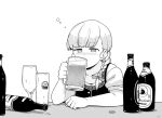  1girl alcohol bangs beer beer_bottle beer_mug blunt_bangs blush commentary_request cup dirndl drinking drinking_glass drunk eyebrows_visible_through_hair fujinoki_(horonabe-ken) german_clothes greyscale holding holding_cup kantai_collection long_hair monochrome mug shin&#039;you_(kancolle) simple_background solo upper_body white_background wine_glass 