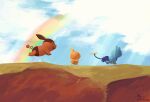  :d ^_^ animal bird blue_sky closed_eyes closed_mouth cloud cloudy_sky day from_side highres no_humans open_mouth outdoors pig pokemon pokemon_(creature) rainbow running shinx signature sky smile sofra tepig torchic twitter_username 