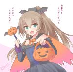  1girl alternate_costume bat_wings black_dress brown_hair cape commentary_request dress frilled_dress frills green_eyes highres icesherbet jack-o&#039;-lantern kantai_collection kumano_(kancolle) long_hair looking_at_viewer off-shoulder_dress off_shoulder one-hour_drawing_challenge orange_cape ponytail solo translated wand wings 