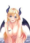  1girl absurdres blonde_hair breast_tattoo breasts collarbone colored_tips commentary_request completely_nude demon_girl demon_horns demon_wings eyebrows_visible_through_hair green_eyes hair_ribbon heart heart_tattoo highres hololive horns kogarasu1st large_breasts long_hair looking_at_viewer nipples nude pink_hair pointy_ears ribbon simple_background solo tattoo virtual_youtuber wet white_background wings yuzuki_choco 