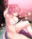  1girl armpits arms_up ass blue_headwear blue_kimono blush breasts cherry_blossoms cleavage clothes_removed collarbone commentary_request eyebrows_visible_through_hair furrowed_brow hair_ornament hair_stick hat highres japanese_clothes kimono large_breasts looking_at_viewer mouth_hold navel nude petals pink_eyes pink_hair saigyouji_yuyuko sarashi short_hair sitting solo stomach sunyup touhou tree triangular_headpiece 
