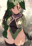  1girl adapted_costume bad_anatomy bangs braid braided_ponytail breasts brown_legwear buttons cheryl_(pokemon) closed_mouth commentary_request covered_nipples eyelashes green_eyes green_hair hair_between_eyes hair_over_shoulder hand_up highleg highleg_leotard highres leotard long_hair looking_at_viewer medium_breasts pokemon pokemon_(game) pokemon_dppt shy single_braid smile solo spring2013 sweat sweatdrop thighhighs thighs 