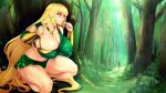  1girl anklet bangs barefoot bracelet breasts cleavage commentary commission eyebrows_visible_through_hair finger_to_mouth forest gold huge_breasts jewelry long_hair miniskirt nature original outdoors red_eyes revealing_clothes sidelocks skirt solo squatting thighs tree zcune 