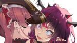  2girls black_eyepatch black_headwear black_horns blue_eyes crazy_smile eyepatch hair_ribbon hat heterochromia hololive hololive_english horns houshou_marine irys_(hololive) kubota_masaki lips long_hair looking_at_viewer multicolored_hair multiple_girls open_mouth pink_eyes pirate_hat pointy_ears purple_hair red_hair red_ribbon ribbon simple_background sweatdrop teeth upper_body upper_teeth virtual_youtuber white_background 