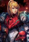  1girl arm_cannon artist_name blonde_hair blue_eyes embers headwear_removed helmet helmet_removed hungry_clicker looking_at_viewer metroid metroid_dread ponytail power_suit power_suit_(metroid) samus_aran solo upper_body weapon 