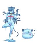  1girl absurdres animal_ears bell blue_eyes blue_hair blue_slime blush bow cat_ears cat_tail dripping facing_viewer heart highres kururi_(dwg) leg_up long_hair monster_girl neck_bell original panties paw_pose red_bow red_panties red_ribbon ribbon ribbon_bra slime_(creature) slime_girl tail tentacle_hair underwear very_long_hair white_background 